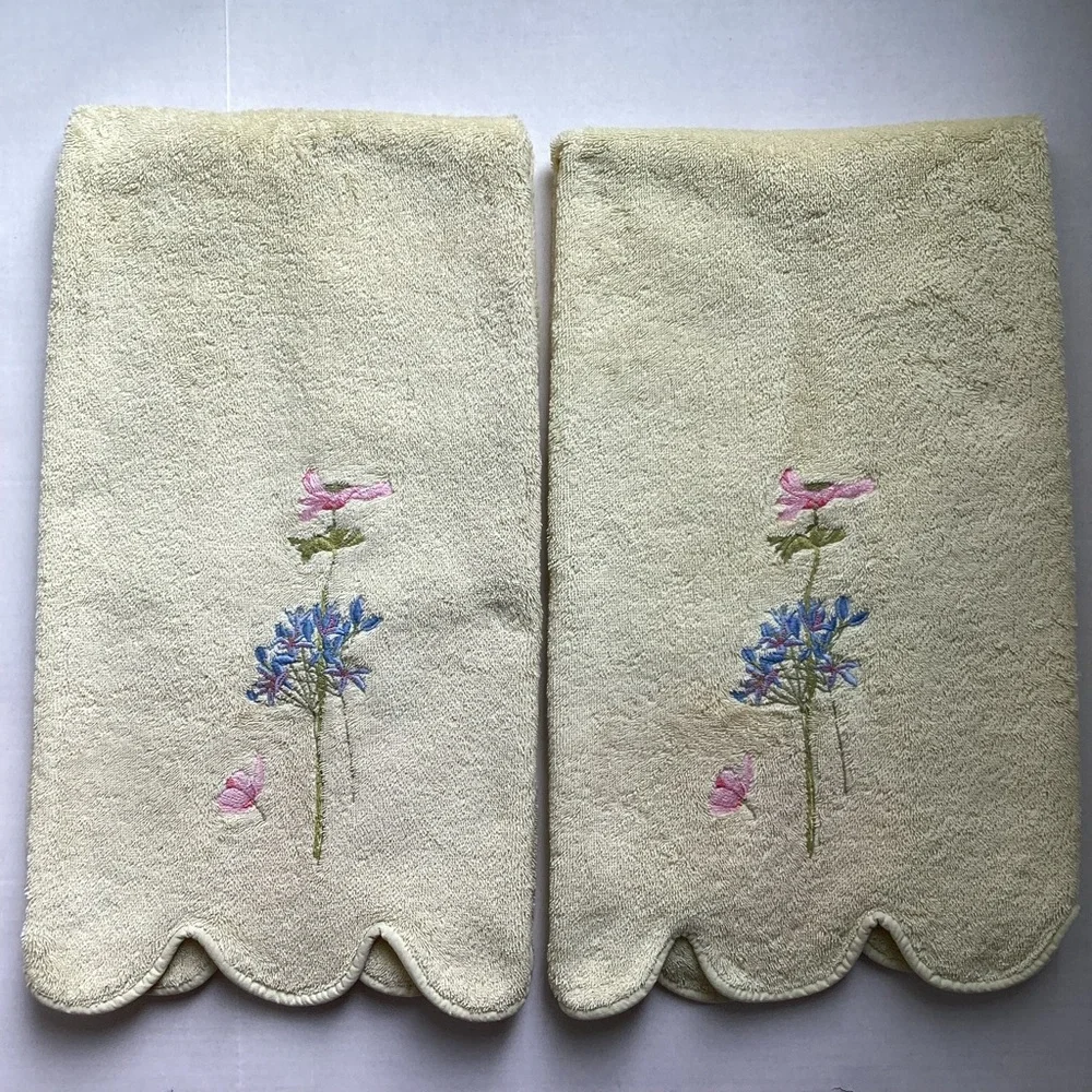 Yvette Delorme Paris Floral Embroidered Towels with Scalloped Edges Set of Two